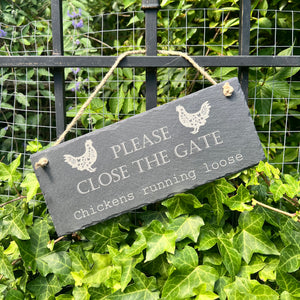 SLATE GARDEN SIGN - Please Close the Gate - Laser Engraved - 30 x 12cms - Dogs Chickens Ducks Rabbits