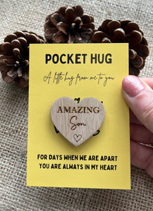 SON POCKET HUG - Heart shaped - Son Gift - Oak 4cm - Letterbox Gift - Amazing Son - Little Hug from Mum Dad - Butterfly Crafts