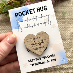 SYMPATHY POCKET HUG - Friend Memory - Family Loss - Personalised - Letter Box Gift - Oak Wood Heart with card - Angel in Heaven