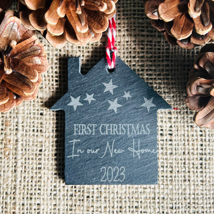 PERSONALISED HANGING DECORATION - Slate House Decoration - Laser Engraved - First Christmas in Our New Home - Butterfly Crafts