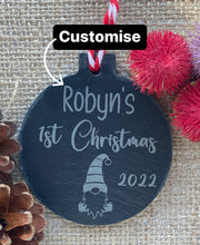 Load image into Gallery viewer, FIRST CHRISTMAS DECORATION - Personalised Tree Bauble - Gnome Decoration - Slate Decoration - Baby Gift - Butterfly Crafts