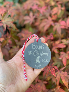 FIRST CHRISTMAS DECORATION - Personalised Tree Bauble - Gnome Decoration - Slate Decoration - Baby Gift - Butterfly Crafts