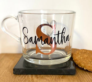 Personalised Glass Mug, Glass Mug for Tea, Coffee, Hot Chocolate, Name and Initial, 360ml - Butterfly Crafts