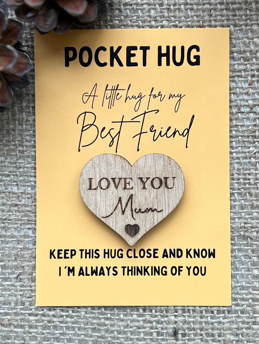 POCKET HUG MUM - Heart shaped - Love You Mum - Mum Gift - Oak 4cm - Letterbox Gift - Butterfly Crafts