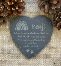 Load image into Gallery viewer, PET LOSS Keepsake - Rainbow Bridge - Laser Engraved Slate - Heart, Round or Square Coaster - Pet Bereavement - Butterfly Crafts