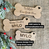 CHRISTMAS TREE DOG Decoration - Personalised Wooden Dog Bone - Pet Stocking Label - 2 Sizes available