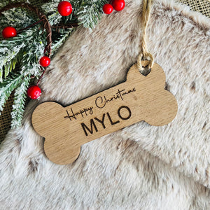 CHRISTMAS TREE DOG Decoration - Personalised Wooden Dog Bone - Pet Stocking Label - 2 Sizes available