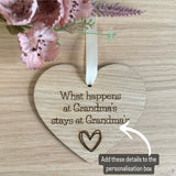 HANGING HEART PERSONALISED - Grandparents Sign - What Happens at Grandma's - Nanny - Granny - Mother's Day - Wooden Heart - Butterfly Crafts