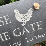 SLATE GARDEN SIGN - Please Close the Gate - Laser Engraved - 25 x 10cms - Dogs Chickens Ducks Rabbits - Butterfly Crafts