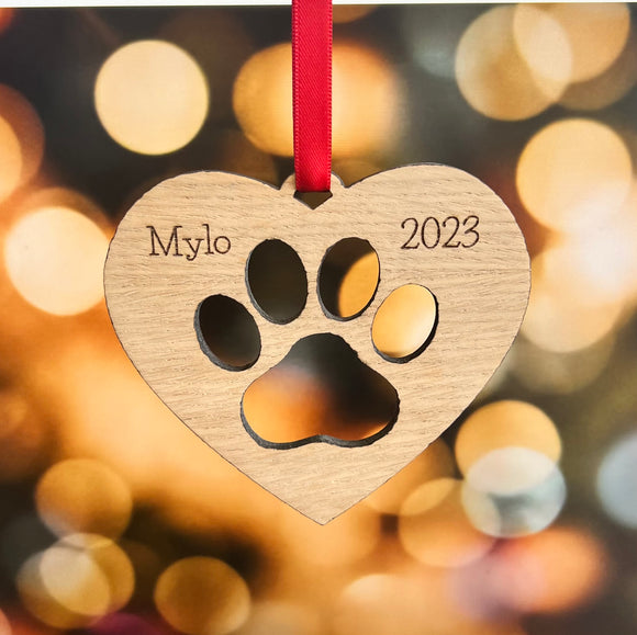 PET CHRISTMAS Tree Decoration 2024 - Personalised Laser Engraved Hanging Tree Ornament - Heart and Paw Print