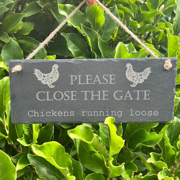 SLATE GARDEN SIGN - Please Close the Gate - Laser Engraved - 30 x 12cms - Dogs Chickens Ducks Rabbits - Butterfly Crafts