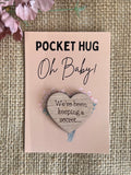 PREGNANCY ANNOUNCEMENT REVEAL - Personalised Wooden Heart Pocket Hug and Card - Baby Due Date - Expecting a baby - Butterfly Crafts