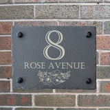 SLATE HOUSE NUMBER and Street Name - With Floral Design - Laser Engraved Farmhouse Sign - Gate Plaque 20 x 15cms