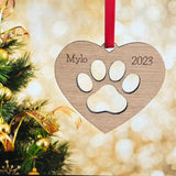 PET CHRISTMAS Tree Decoration 2024 - Personalised Laser Engraved Hanging Tree Ornament - Heart and Paw Print