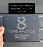 SLATE HOUSE NUMBER and Street Name - With Floral Design - Laser Engraved Farmhouse Sign - Gate Plaque 20 x 15cms