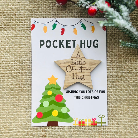 CHRISTMAS POCKET HUG - Personalised Gift - Wooden Star - Missing you Token - Laser Engraved Oak - Stocking Filler - Letterbox Gift - Butterfly Crafts