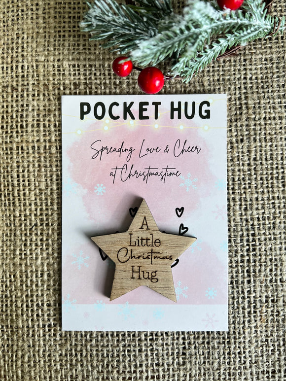 CHRISTMAS POCKET HUG - Personalised Gift - Wooden Star - Missing you Token - Laser Engraved Oak - Greeting Card - Letterbox Gift - Butterfly Crafts