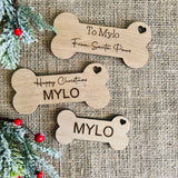 CHRISTMAS TREE DOG Decoration - Personalised Wooden Dog Bone - Pet Stocking Label - 2 Sizes available