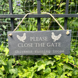 SLATE GARDEN SIGN - Please Close the Gate - Laser Engraved - 30 x 12cms - Dogs Chickens Ducks Rabbits - Butterfly Crafts