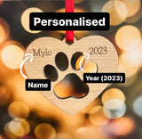 PET CHRISTMAS Tree Decoration 2024 - Personalised Laser Engraved Hanging Tree Ornament - Heart and Paw Print