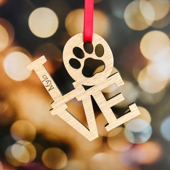 PERSONALISED PET CHRISTMAS Tree Ornament - Laser Engraved - Heart and Paw Print - Love - Hanging Tree Decoration