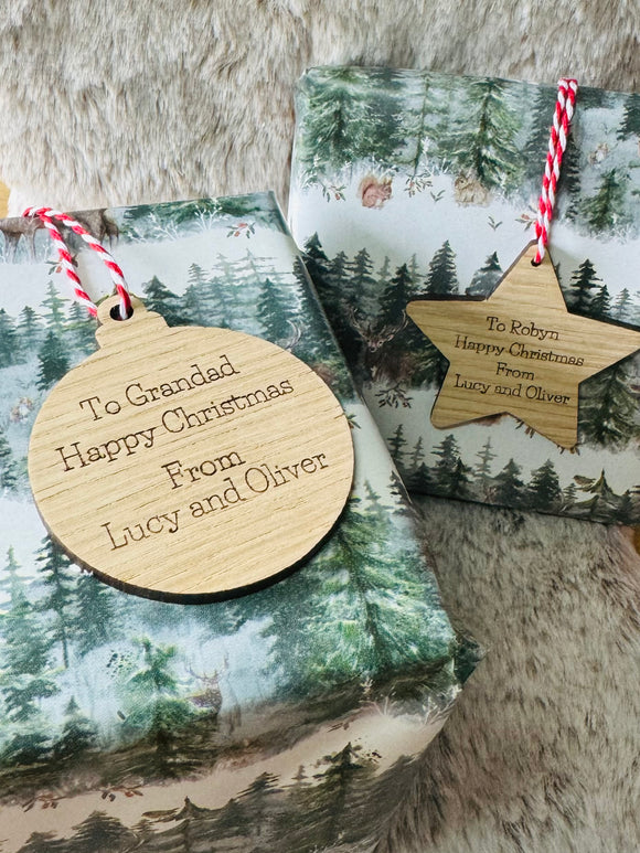 PERSONALISED GIFT TAG for Presents and Gifts - Wooden Bauble, Star, Tree, Heart - Christmas and Wedding Gift Label