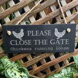 SLATE GARDEN SIGN - Please Close the Gate - Laser Engraved - 25 x 10cms - Dogs Chickens Ducks Rabbits - Butterfly Crafts