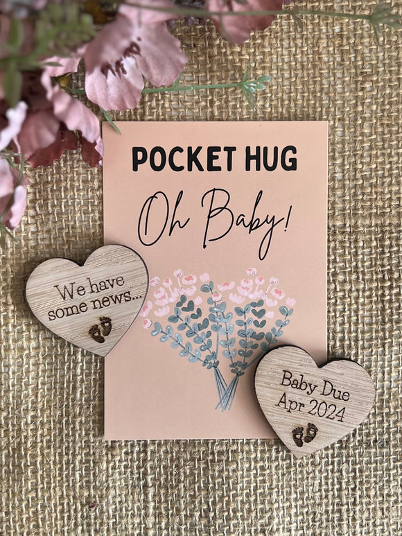 PREGNANCY ANNOUNCEMENT REVEAL - Personalised Wooden Heart Pocket Hug and Card - Baby Due Date - Expecting a baby - Butterfly Crafts