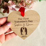 PERSONALISED VALENTINE'S GIFT - Our First Valentine's Day - Penguin Couples Gift - Hanging Wooden Heart