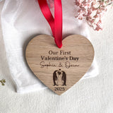 PERSONALISED VALENTINE'S GIFT - Our First Valentine's Day - Penguin Couples Gift - Hanging Wooden Heart