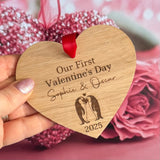 PERSONALISED VALENTINE'S GIFT - Our First Valentine's Day - Penguin Couples Gift - Hanging Wooden Heart