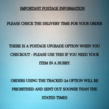 A light blue square graphic with black text reading 'IMPORTANT POSTAGE INFORMATION' and several paragraphs about delivery time, postage upgrade option, and tracked 24 order priority.