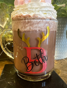 PERSONALISED GLASS MUG - Christmas Reindeer Design - Hot Chocolate Mug - Christmas Eve Box - Stocking Filler - Initial and Name - Butterfly Crafts