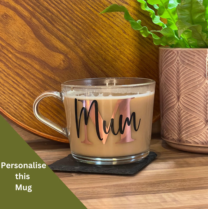 PERSONALISED GLASS MUG, Mother's Day Gift, Glass Mug for Tea, Coffee, Hot Chocolate, Name and Initial, 360ml, for Mum - Butterfly Crafts