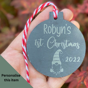 FIRST CHRISTMAS DECORATION - Personalised Tree Bauble - Gnome Decoration - Slate Decoration - Baby Gift - Butterfly Crafts