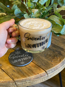 GLASS COFFEE MUG & COASTER SET - Sweater Weather - for Tea - Coffee - Hot Chocolate - 360ml - Butterfly Crafts