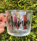 PERSONALISED GLASS MUG, Mother's Day Gift, Glass Mug for Tea, Coffee, Hot Chocolate, Name and Initial, 360ml, for Mum - Butterfly Crafts