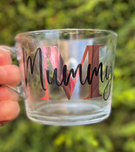 Load image into Gallery viewer, PERSONALISED GLASS MUG, Mother&#39;s Day Gift, Glass Mug for Tea, Coffee, Hot Chocolate, Name and Initial, 360ml, for Mum - Butterfly Crafts