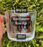 PERSONALISED GLASS MUG, Mother's Day Gift, Glass Mug for Tea, Coffee, Hot Chocolate, Name and Initial, 360ml, for Mum - Butterfly Crafts