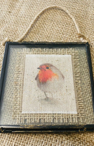 Fabric Picture Robin, in metal and glass square frame - Butterfly Crafts