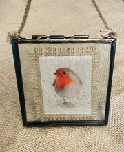 Load image into Gallery viewer, Fabric Picture Robin, in metal and glass square frame - Butterfly Crafts
